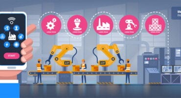 Smart factory. Industry 4.0 monitoring app on a smartphone and smart automated production line with workers and robots on the background Vector illustration